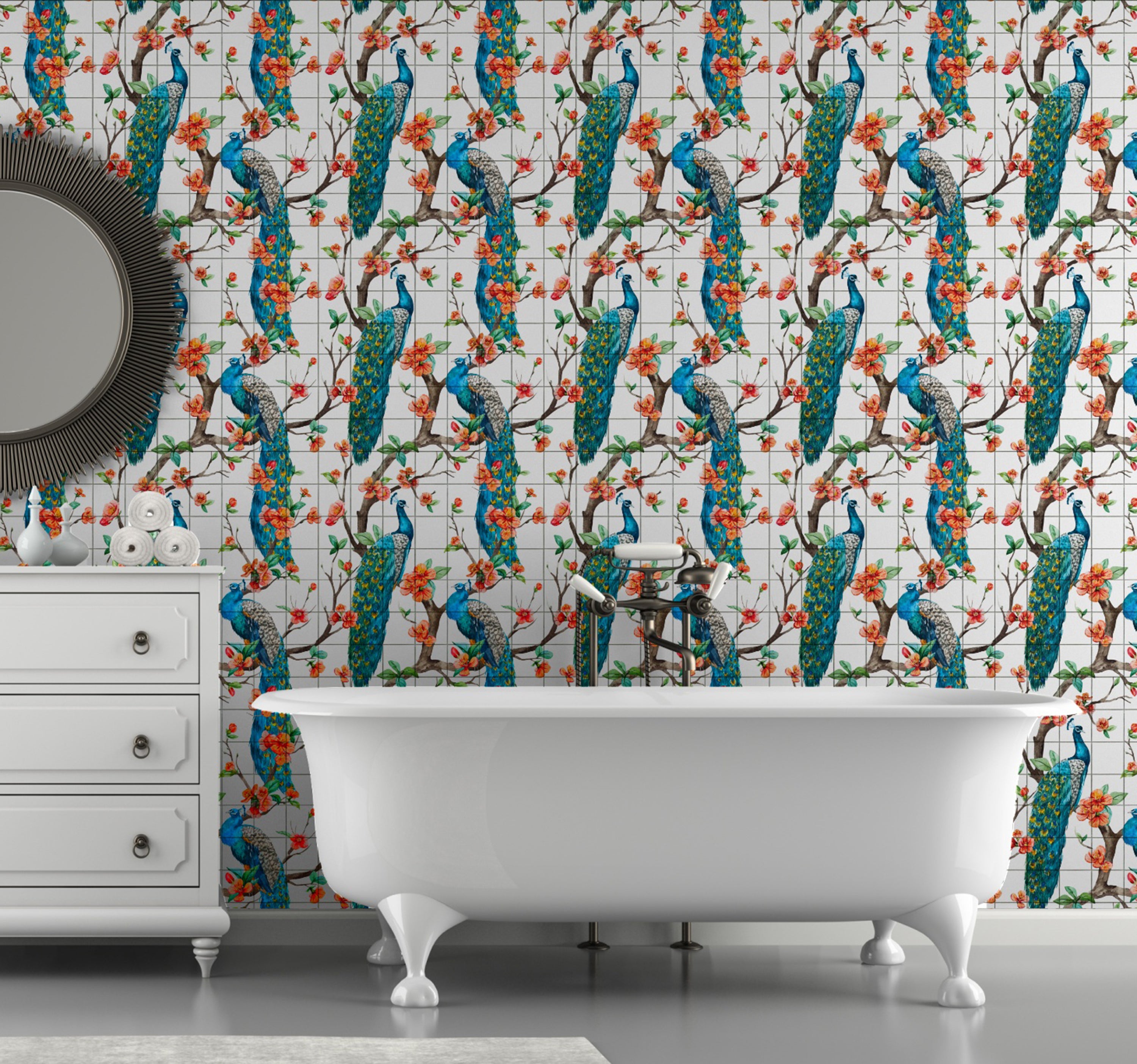 GW2165 Peacock with Grid Peel and Stick Wallpaper Roll 19 inch Wide x 18 ft. Long, Blue White Orange