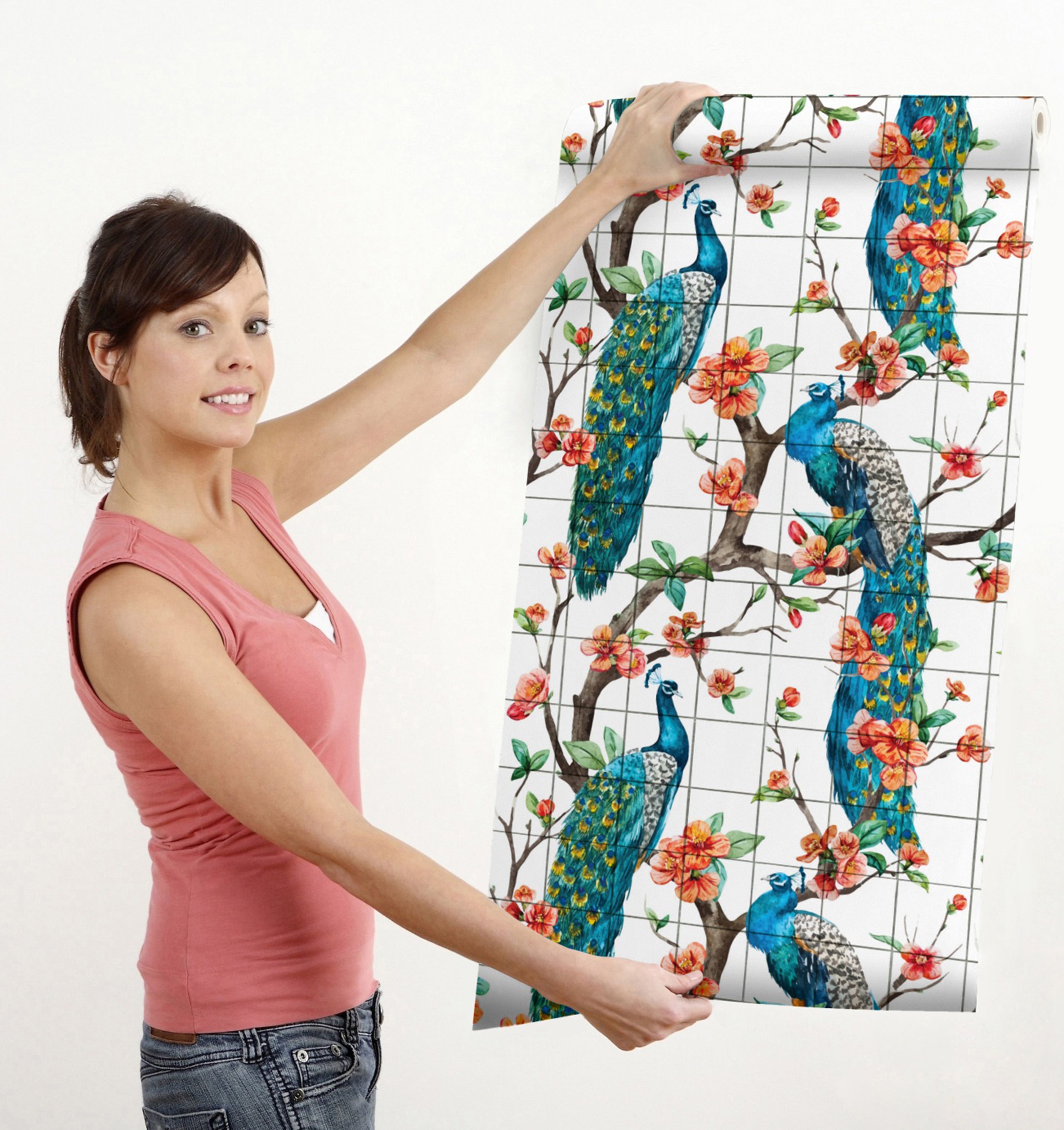 GW2165 Peacock with Grid Peel and Stick Wallpaper Roll 19 inch Wide x 18 ft. Long, Blue White Orange