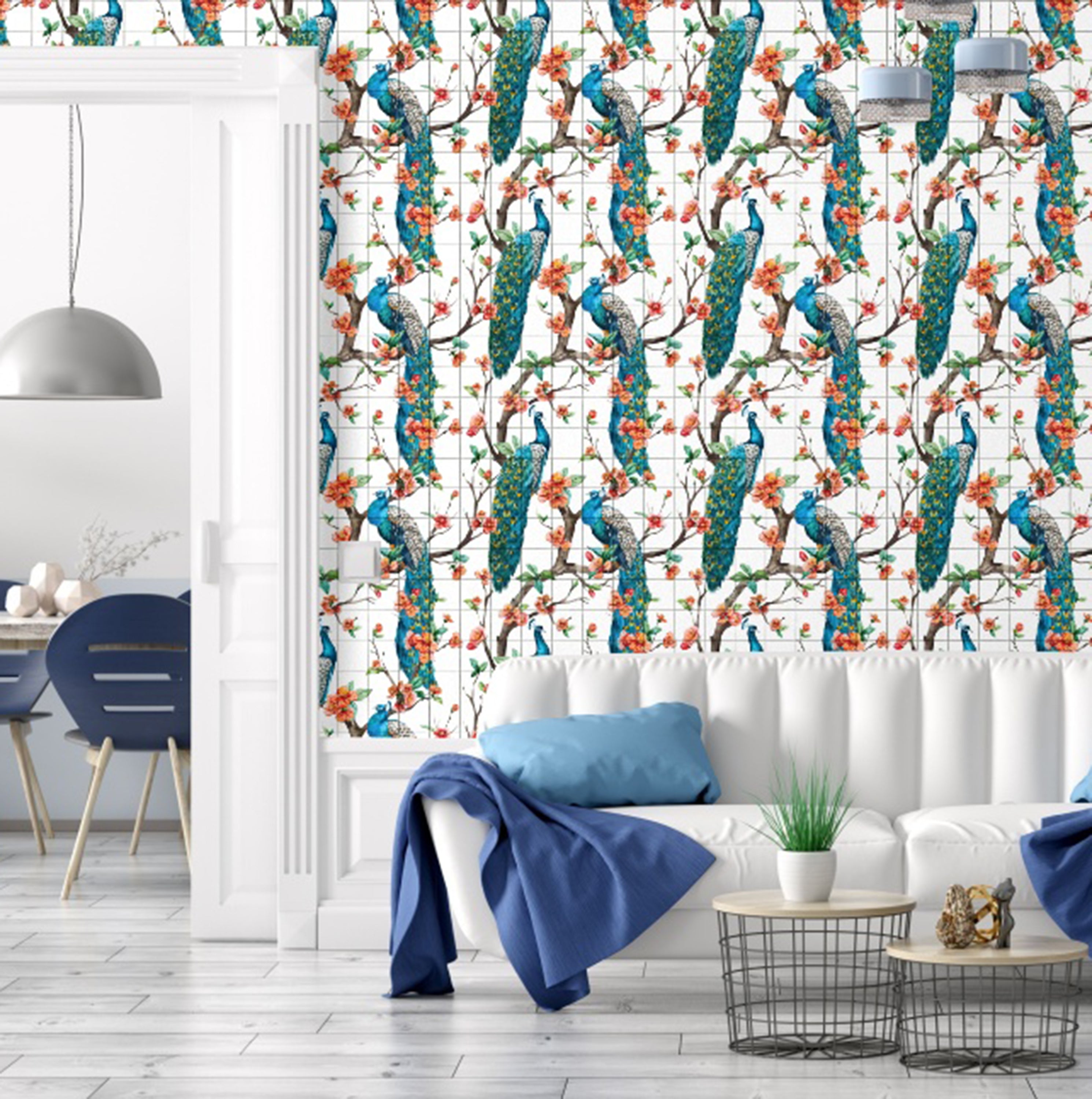 GW2165 Peacock with Grid Peel and Stick Wallpaper Roll 19 inch Wide x 18 ft. Long, Blue White Orange