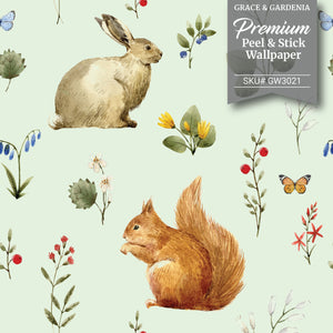 GW3021 Woodland Squirrel & Rabbit Peel and Stick Wallpaper Roll 19 inch Wide x 18 ft. Long Beige Green Gray