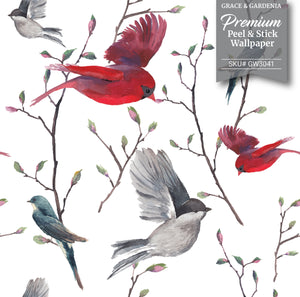 GW3041 Watercolor Birds Magnolia Forest Peel and Stick Wallpaper Roll 19 inch Wide x 18 ft. Long Red Blue Gray