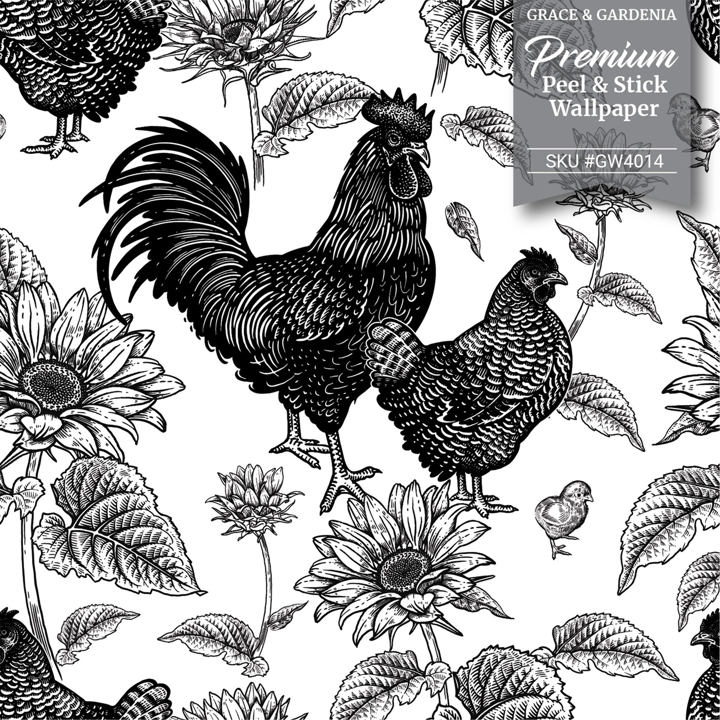 GW4014 French Farmhouse Chickens & Sunflowers Peel and Stick Wallpaper Roll 19 inch Wide x 18 ft. Long Black White