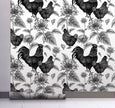 GW4014 French Farmhouse Chickens & Sunflowers Peel and Stick Wallpaper Roll 19 inch Wide x 18 ft. Long Black White