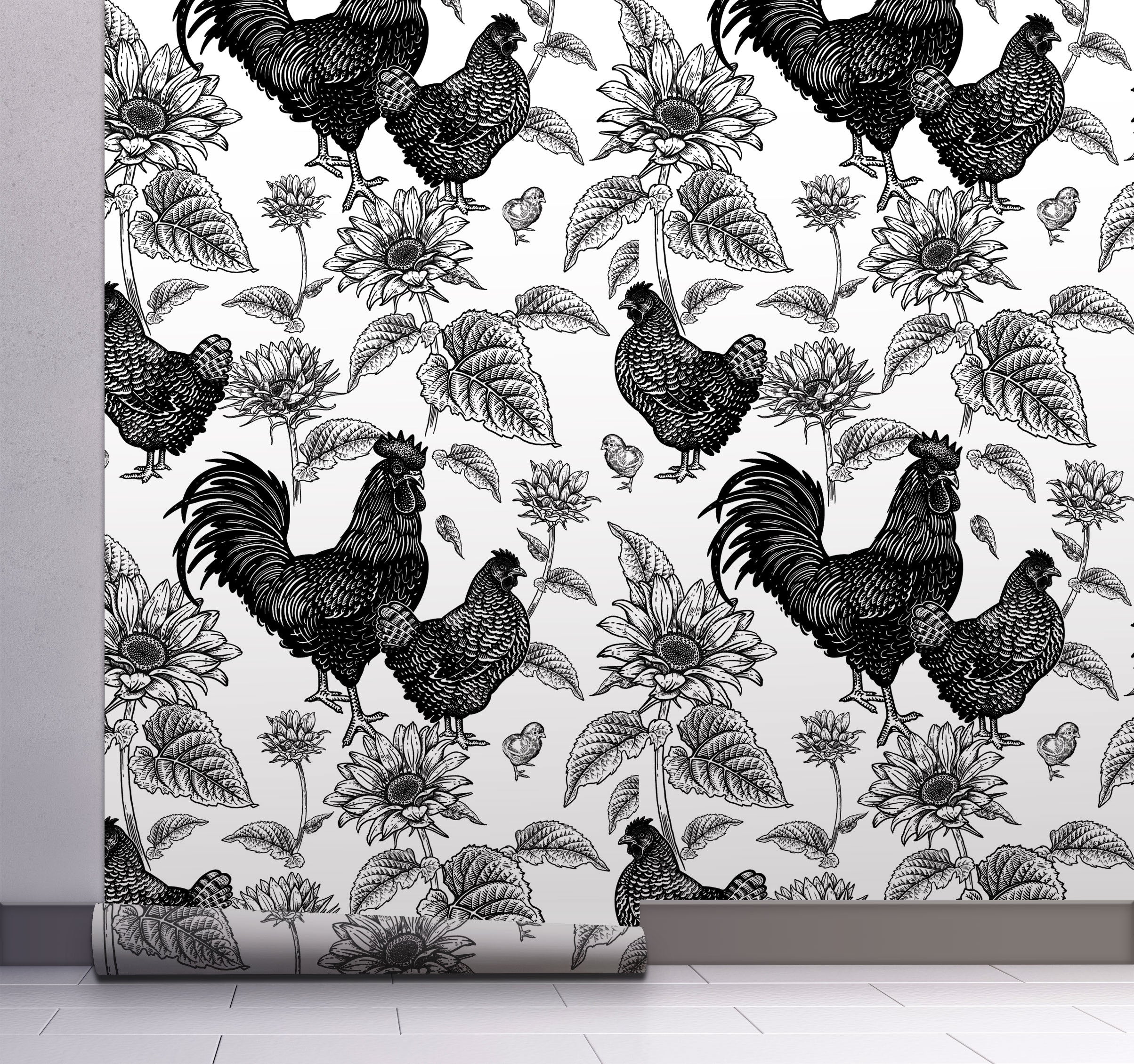 GW4014 French Farmhouse Chickens & Sunflowers Peel and Stick Wallpaper Roll 19 inch Wide x 18 ft. Long Black White