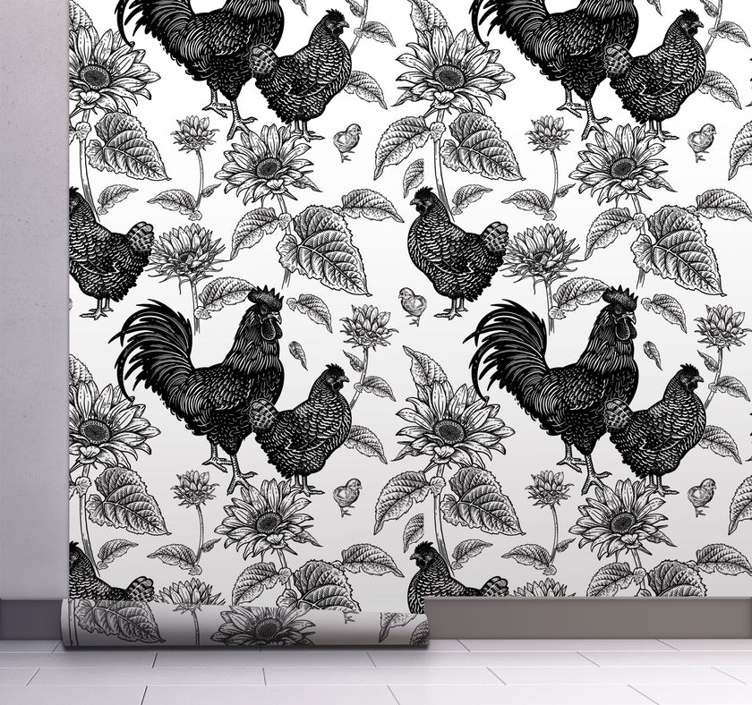 GW4014 French Farmhouse Chickens & Sunflowers Peel and Stick Wallpaper Roll 19 inch Wide x 18 ft. Long Black White