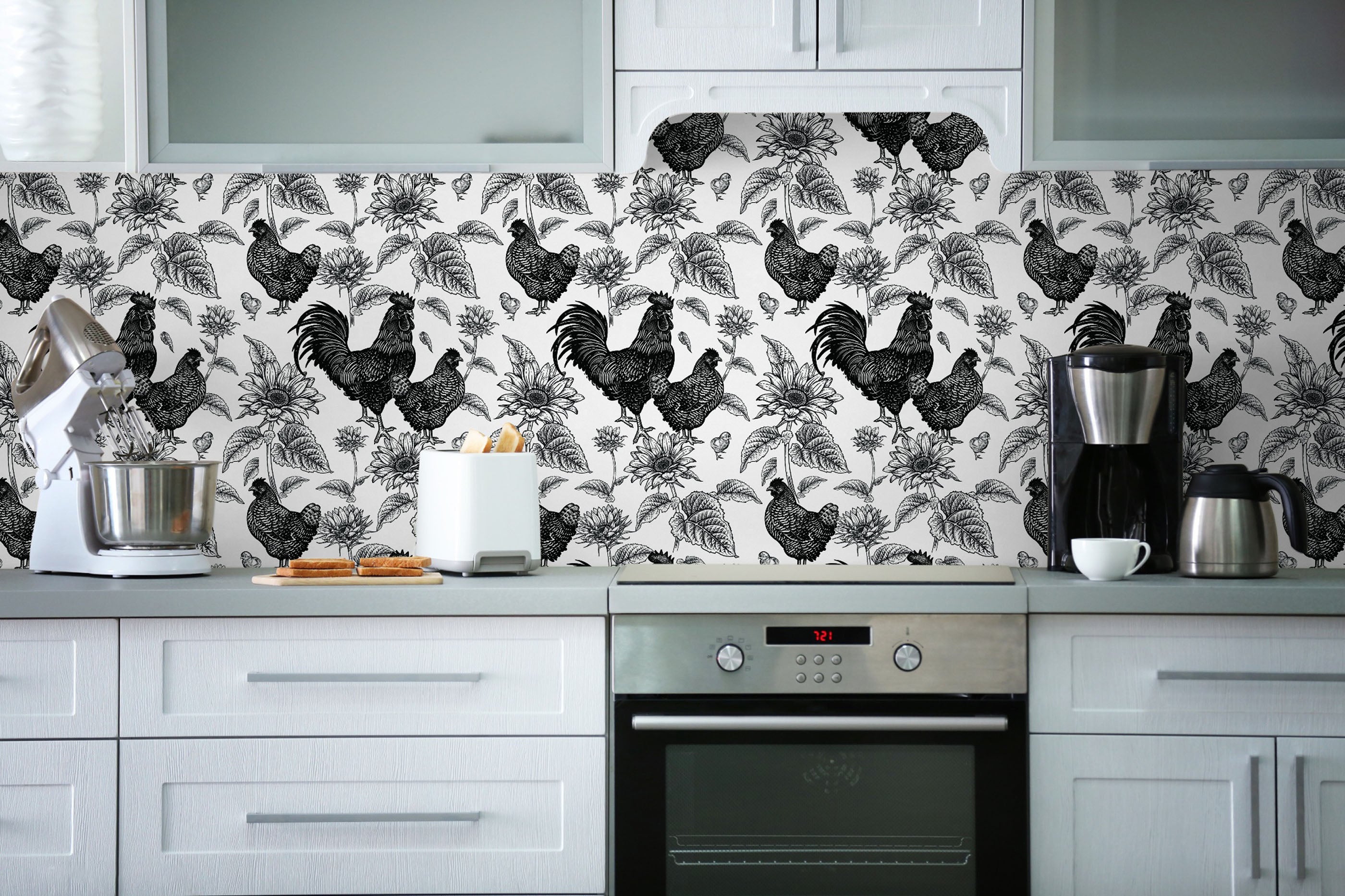 GW4014 French Farmhouse Chickens & Sunflowers Peel and Stick Wallpaper Roll 19 inch Wide x 18 ft. Long Black White