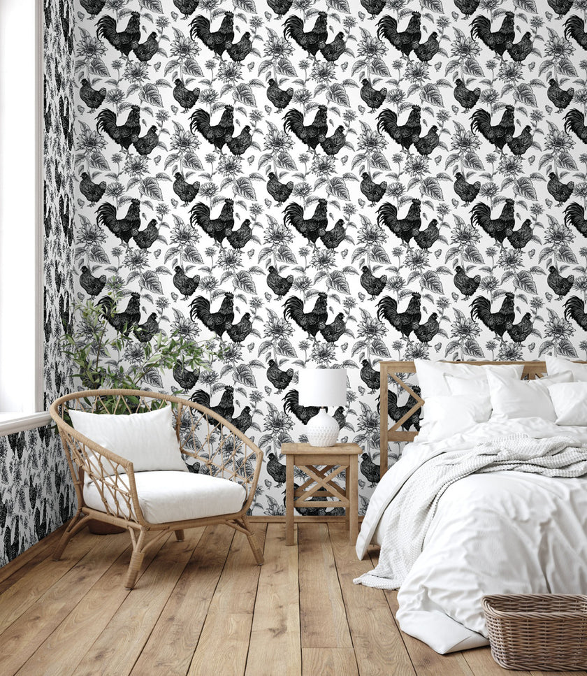 GW4014 French Farmhouse Chickens & Sunflowers Peel and Stick Wallpaper Roll 19 inch Wide x 18 ft. Long Black White
