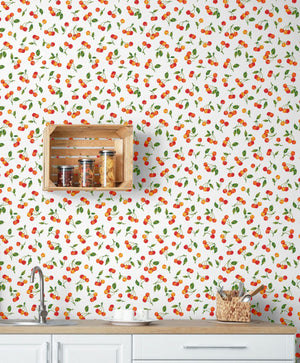 GW4021  Farmhouse Cherry Orchard Peel and Stick Wallpaper Roll 19 inch Wide x 18 ft. Long, Red Orange Green