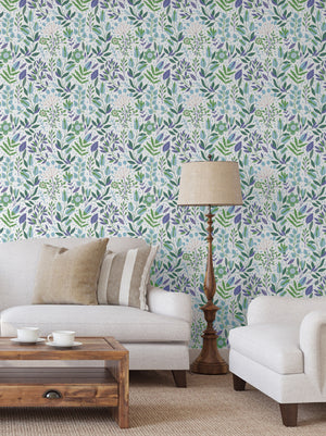 GW4041 Folk Style Art Garden Peel and Stick Wallpaper Roll 19 inch Wide x 18 ft. Long Green Blue Purple