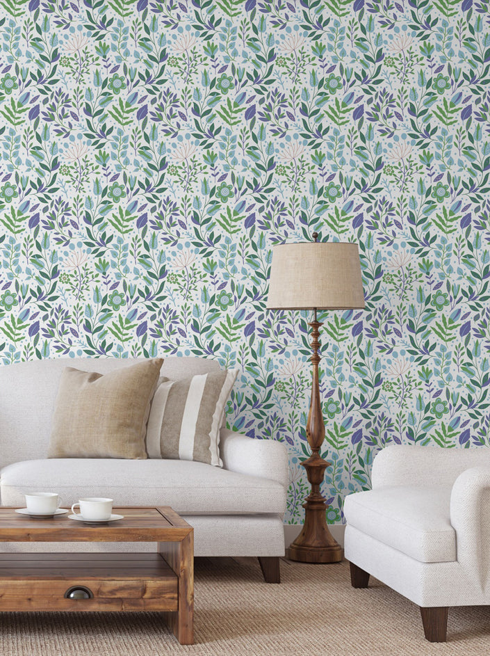 GW4041 Folk Style Art Garden Peel and Stick Wallpaper Roll 19 inch Wide x 18 ft. Long Green Blue Purple