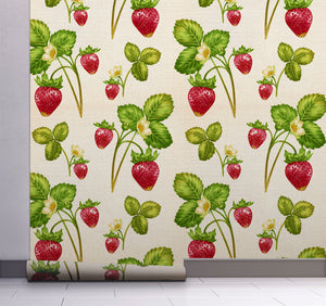 GW4071 Very Berry Strawberry Peel & Stick Wallpaper Roll 19in W x 18ft L Green Red Beige