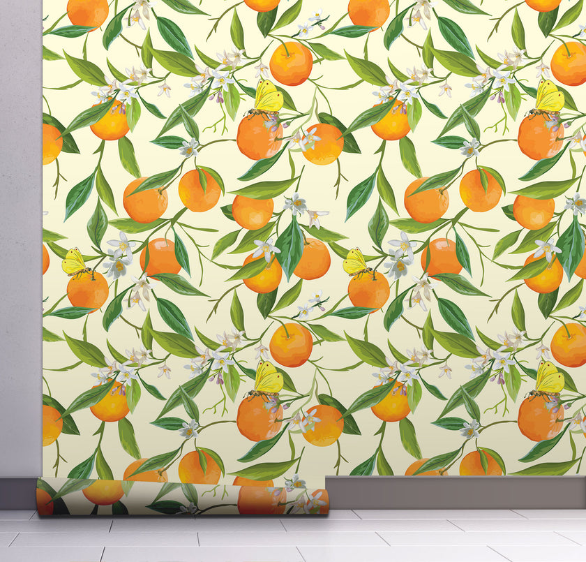 GW5071 Orange Blossoms Peel and Stick Wallpaper Roll 19 inch Wide x 18 ft. Long, Orange Green Yellow