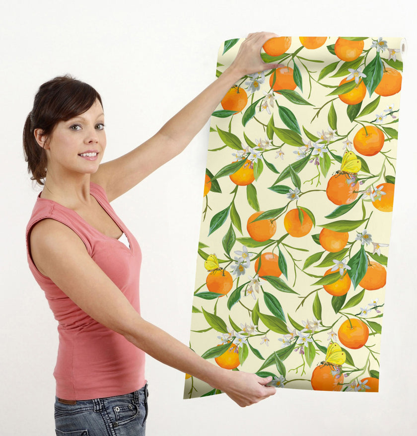 GW5071 Orange Blossoms Peel and Stick Wallpaper Roll 19 inch Wide x 18 ft. Long, Orange Green Yellow