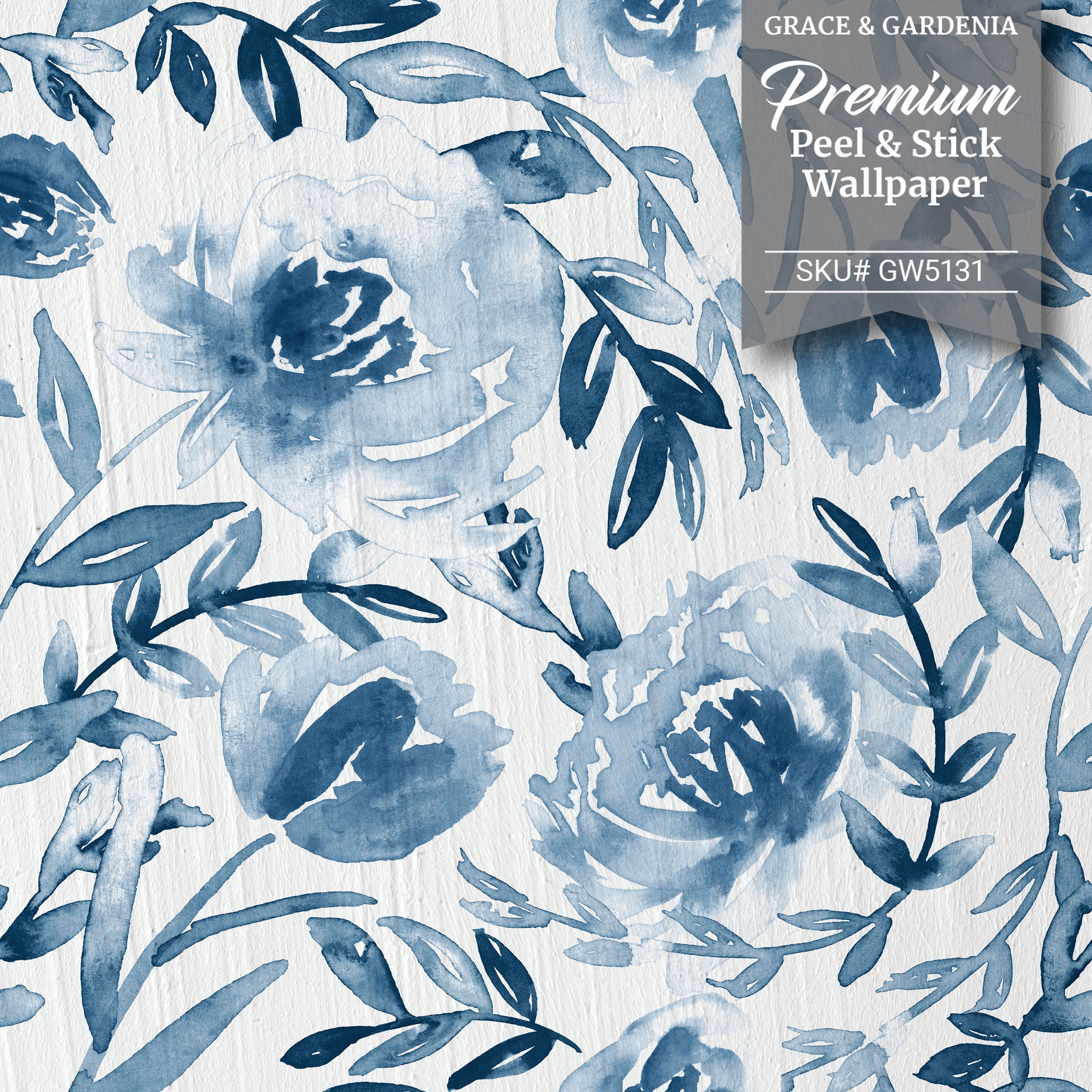 GW5131 Grace & Gardenia Watercolor Floral on Paper Peel and Stick Wallpaper Roll 19 inch Wide x 18 ft. Long, Blue