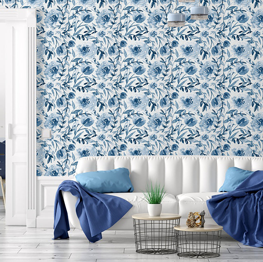 GW5131 Grace & Gardenia Watercolor Floral on Paper Peel and Stick Wallpaper Roll 19 inch Wide x 18 ft. Long, Blue