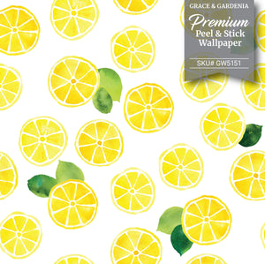 GW5151 Lemons with Leaves Peel and Stick Wallpaper Roll 19 inch Wide x 18 ft. Long, Yellow Green