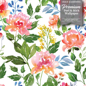GW5161 Grace & Gardenia Watercolor Summer Flowers Peel and Stick  19 inch Wide x 18 ft. Long, Wallpaper Roll Green Pink Blue White