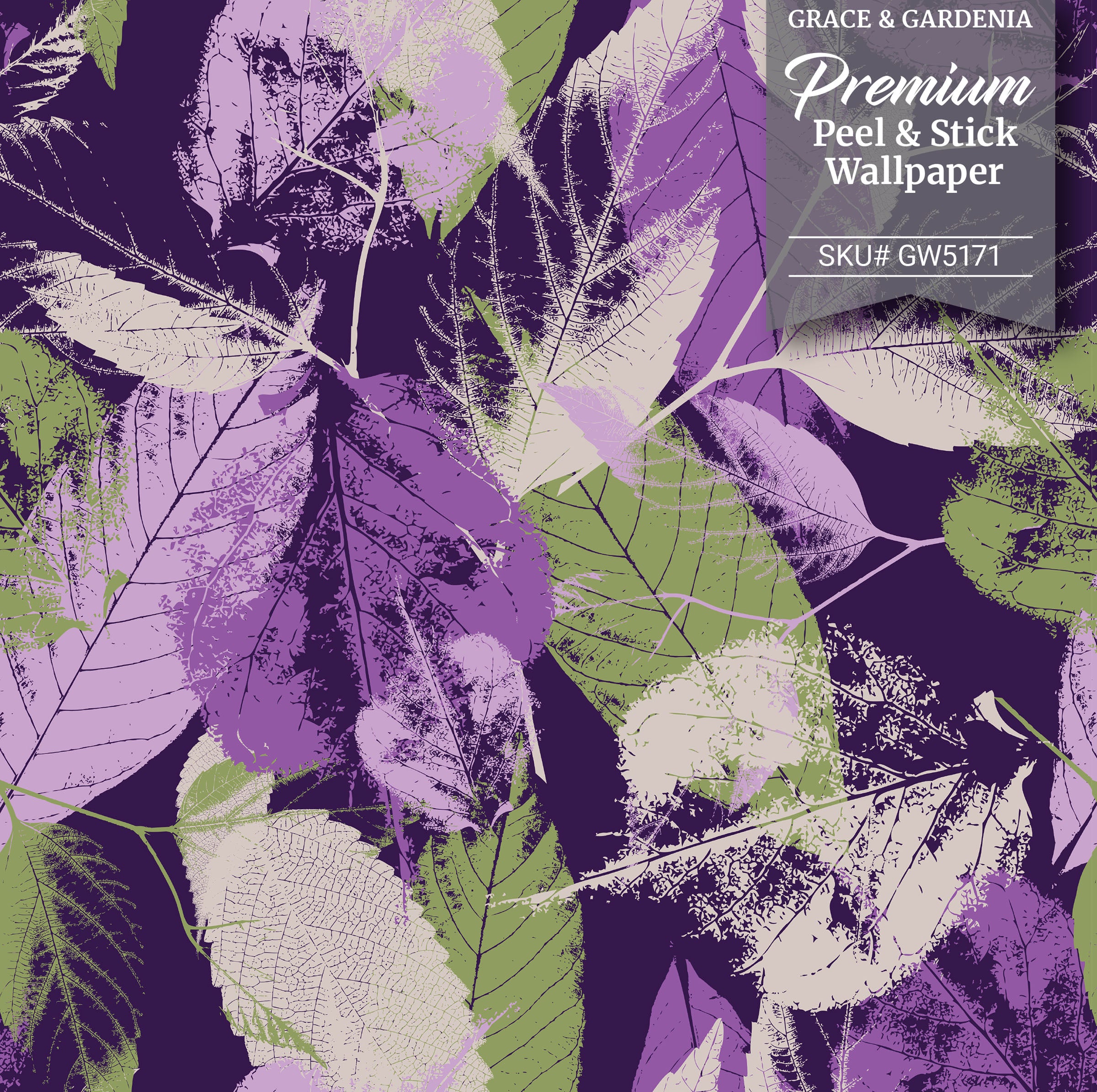 GW5171 Leaf Print Pattern Peel and Stick Wallpaper Roll 19 inch Wide x 18 ft. Long Green Purple