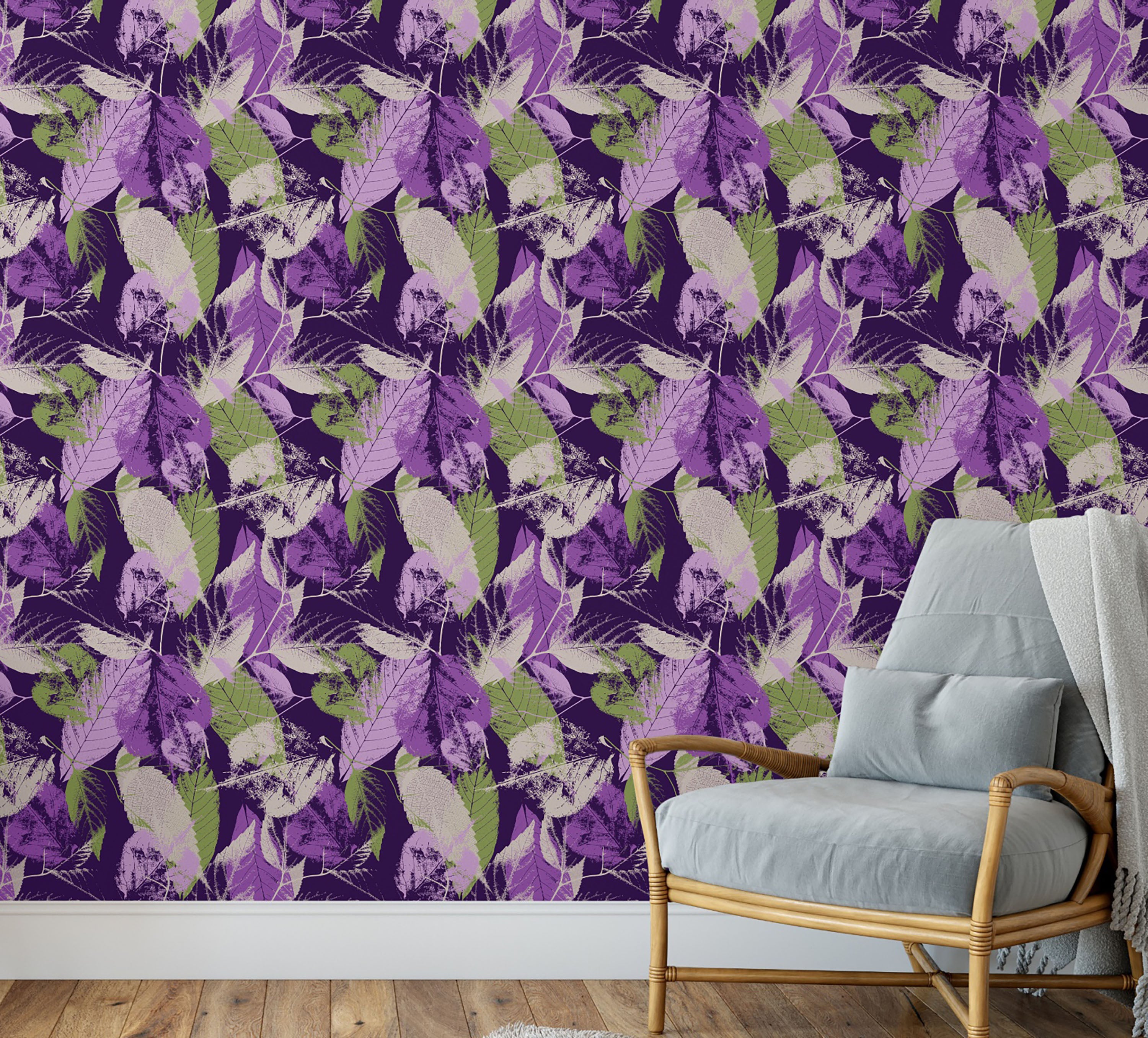 GW5171 Leaf Print Pattern Peel and Stick Wallpaper Roll 19 inch Wide x 18 ft. Long Green Purple