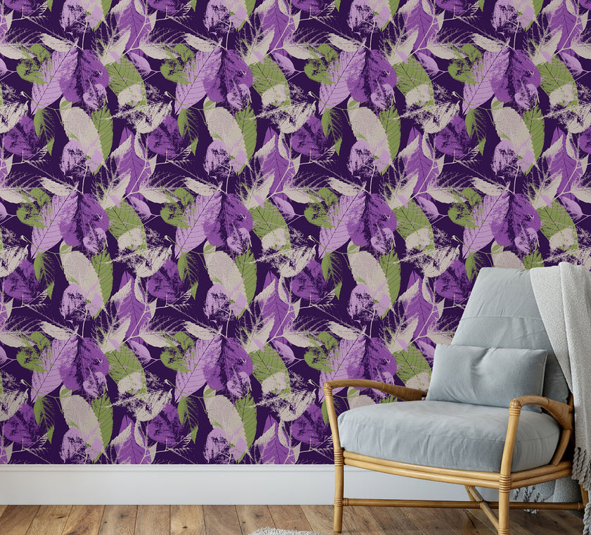 GW5171 Leaf Print Pattern Peel and Stick Wallpaper Roll 19 inch Wide x 18 ft. Long Green Purple