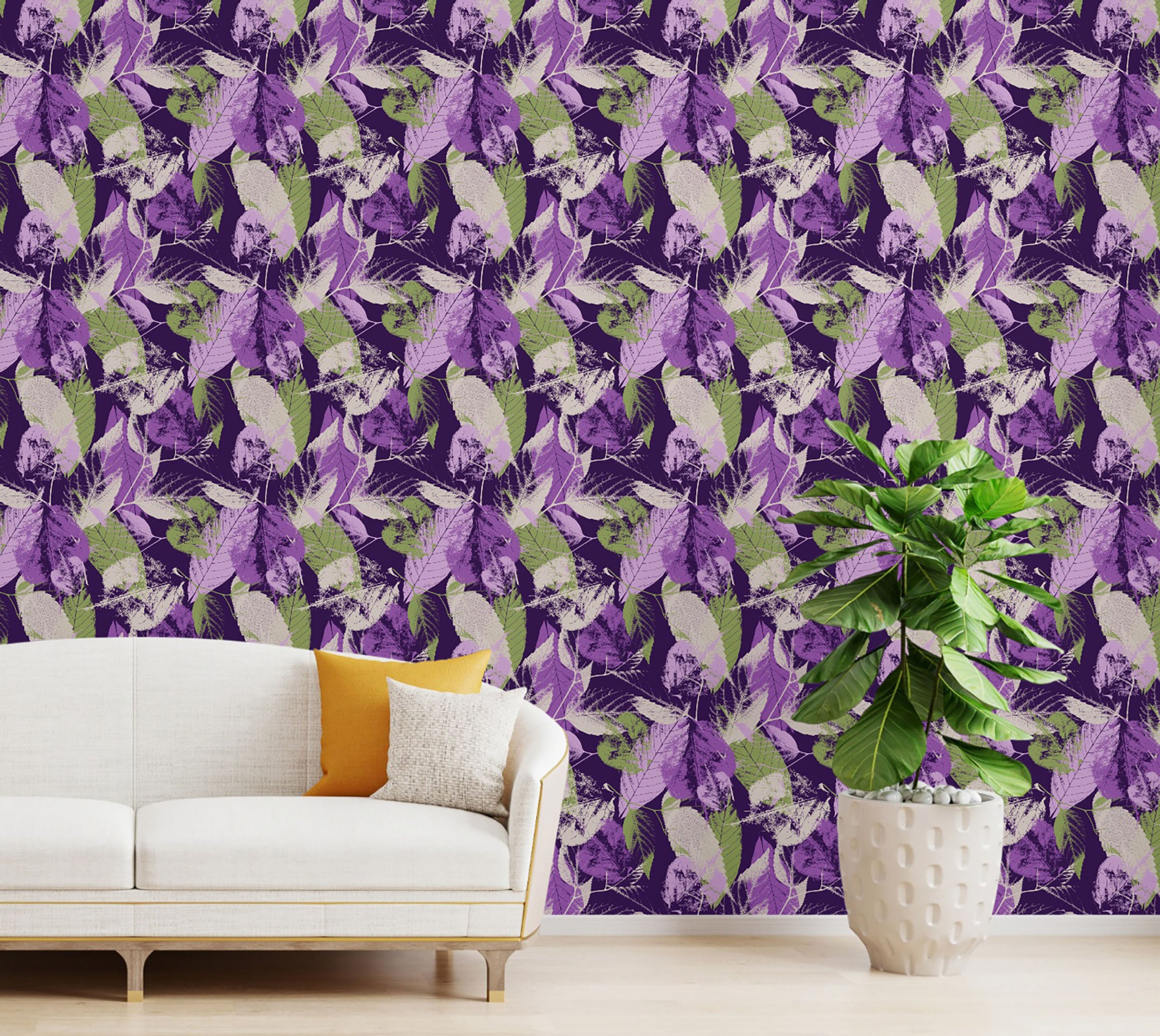 GW5171 Leaf Print Pattern Peel and Stick Wallpaper Roll 19 inch Wide x 18 ft. Long Green Purple