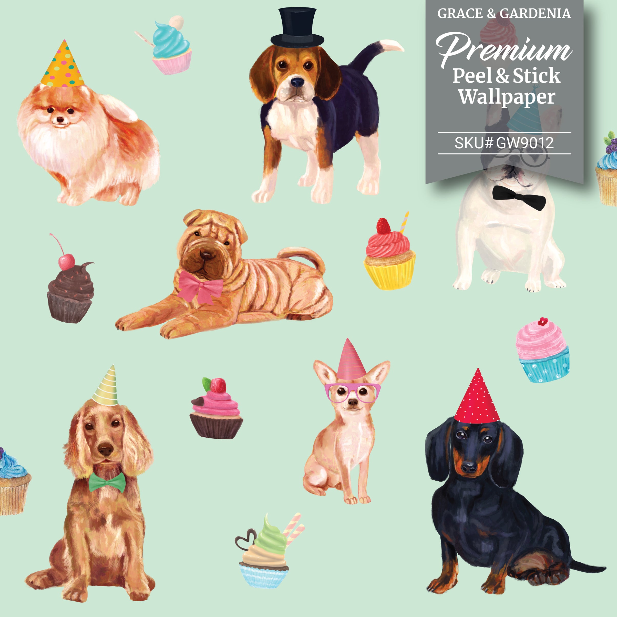 GW9012 Party Dogs and Cupcakes Peel and Stick Wallpaper Roll 19 inch Wide x 18 ft. Long Green Pink Beige Blue