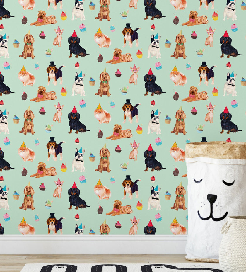 GW9012 Party Dogs and Cupcakes Peel and Stick Wallpaper Roll 19 inch Wide x 18 ft. Long Green Pink Beige Blue