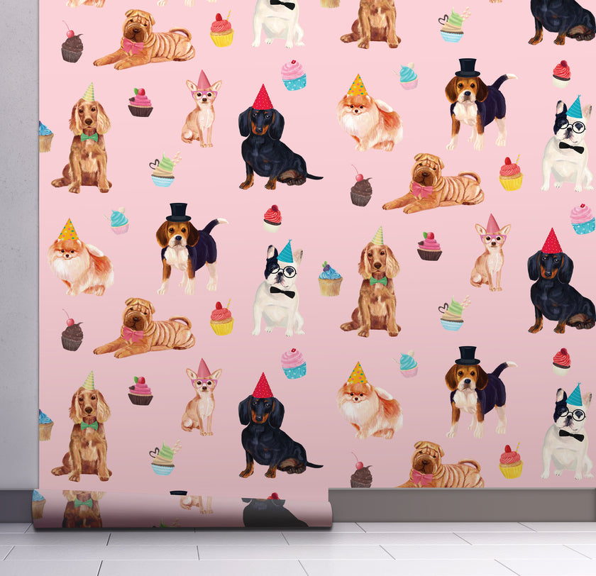 GW9013 Party Dogs and Cupcakes Peel and Stick Wallpaper Roll 19 inch Wide x 18 ft. Long Pink Beige Blue