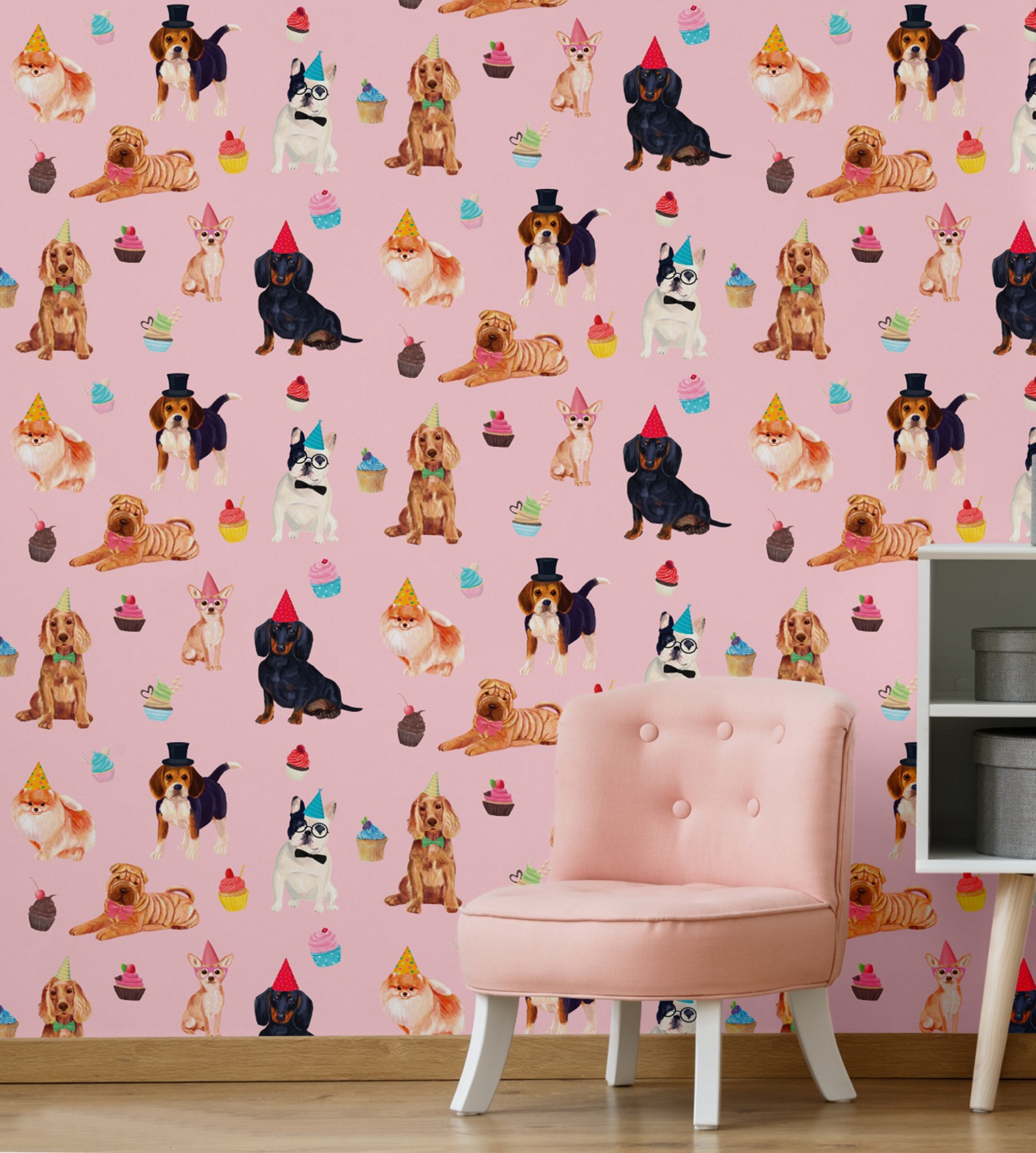 GW9013 Party Dogs and Cupcakes Peel and Stick Wallpaper Roll 19 inch Wide x 18 ft. Long Pink Beige Blue
