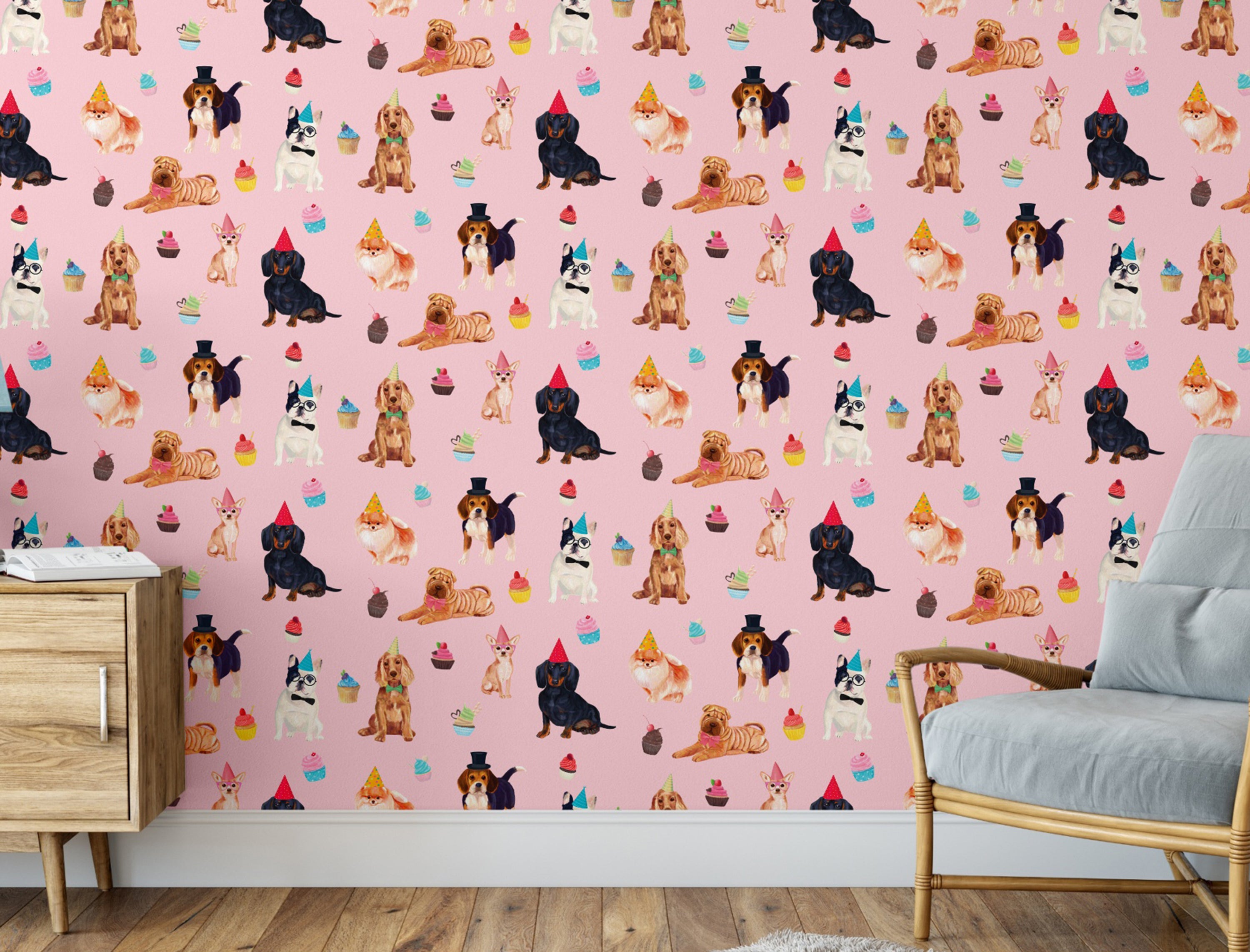 GW9013 Party Dogs and Cupcakes Peel and Stick Wallpaper Roll 19 inch Wide x 18 ft. Long Pink Beige Blue