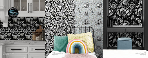 Black, white and shades of gray floral wallpaper panels shown in a bedroom, kitchen backsplash and corner area. 