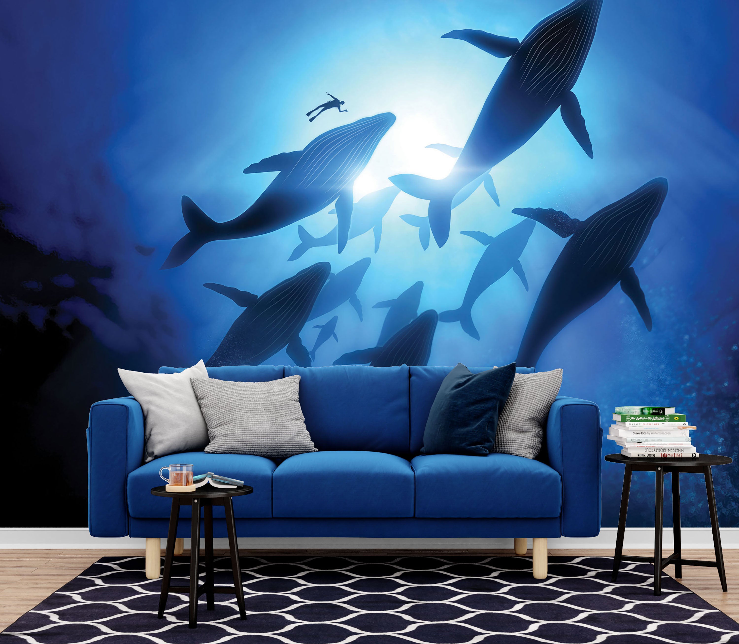 Stunning Whales and Diver wallpaper – Grace & Gardenia Designs