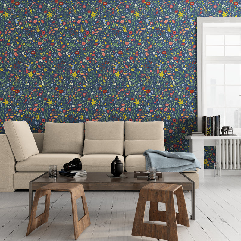 GP5010 Folk Florals Wallpaper Panels in Multi-Color Blue