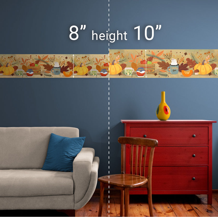 GB4040 Cozy Autumn Peel and Stick Wallpaper Border 10in or 8in Height x 15ft Long Brown Orange Tan Green