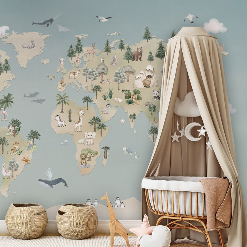 GDSE3520 Animal Atlas Wallpaper Mural Premium Peel and Stick Material 26in Wide x 9 ft. Blue