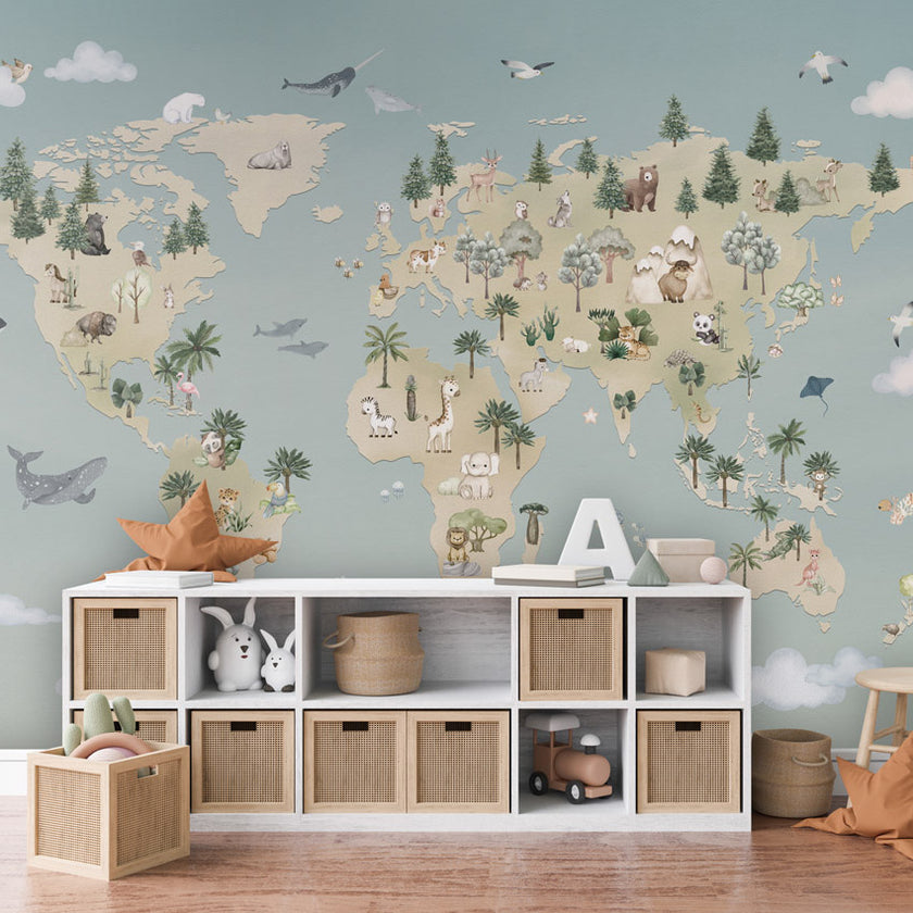 GDSE3520 Animal Atlas Wallpaper Mural Premium Peel and Stick Material 26in Wide x 9 ft. Blue