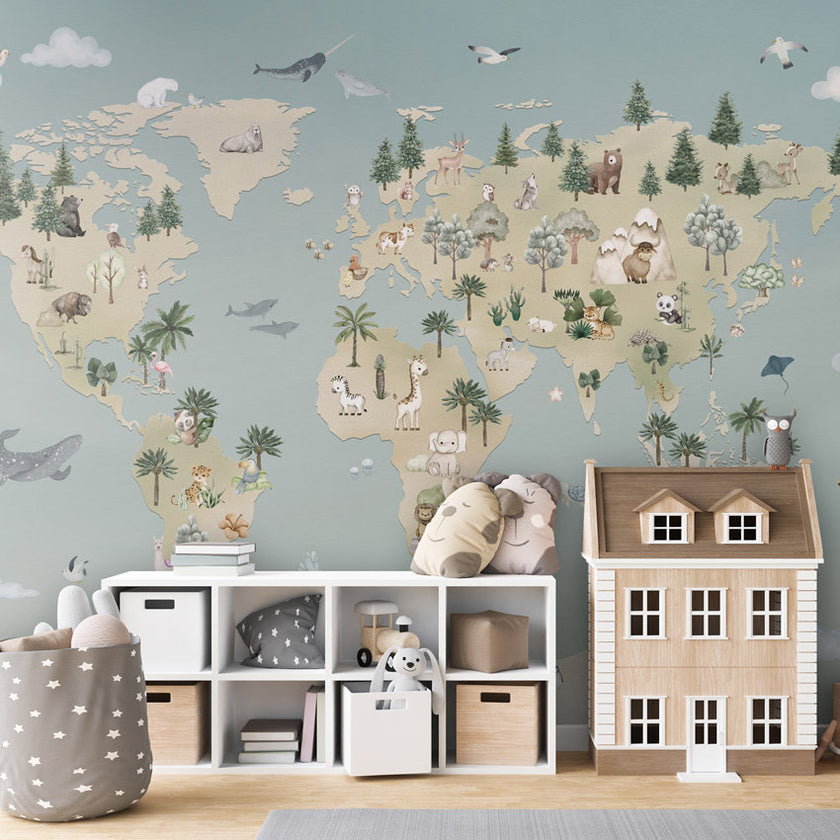 GDSE3520 Animal Atlas Wallpaper Mural Premium Peel and Stick Material 26in Wide x 9 ft. Blue