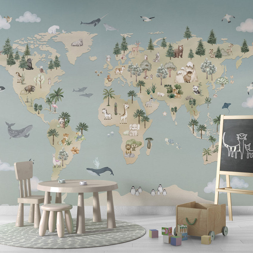 GDSE3520 Animal Atlas Wallpaper Mural Premium Peel and Stick Material 26in Wide x 9 ft. Blue