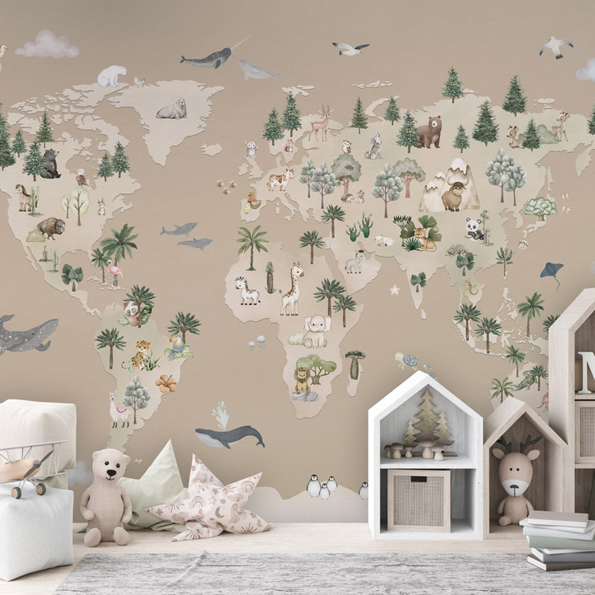 GDSE3521 Animal Atlas Wallpaper Mural Premium Peel and Stick Material 26in Wide x 9 ft. Brown