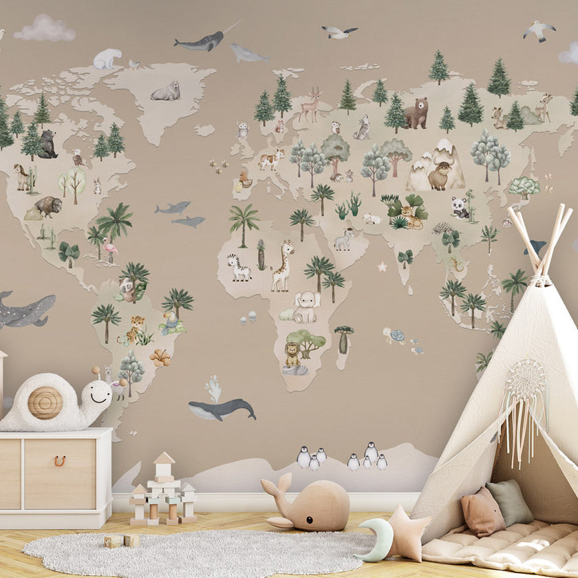 GDSE3521 Animal Atlas Wallpaper Mural Premium Peel and Stick Material 26in Wide x 9 ft. Brown
