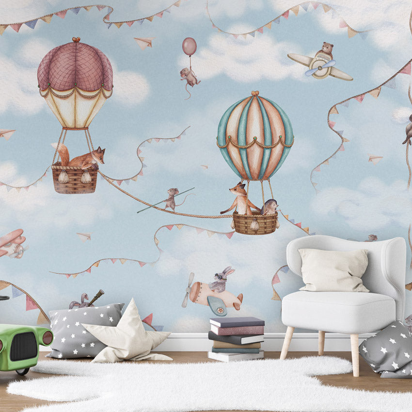 GDSE3530 Aviation Adventure Wallpaper Mural Premium Peel and Stick Material 26in Wide x 9 ft. Blue Pink