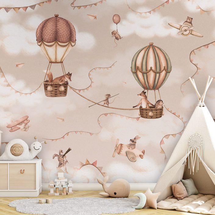 GDSE3531 Aviation Adventure Wallpaper Mural Premium Peel and Stick Material 26in Wide x 9 ft. Mono Beige Pink