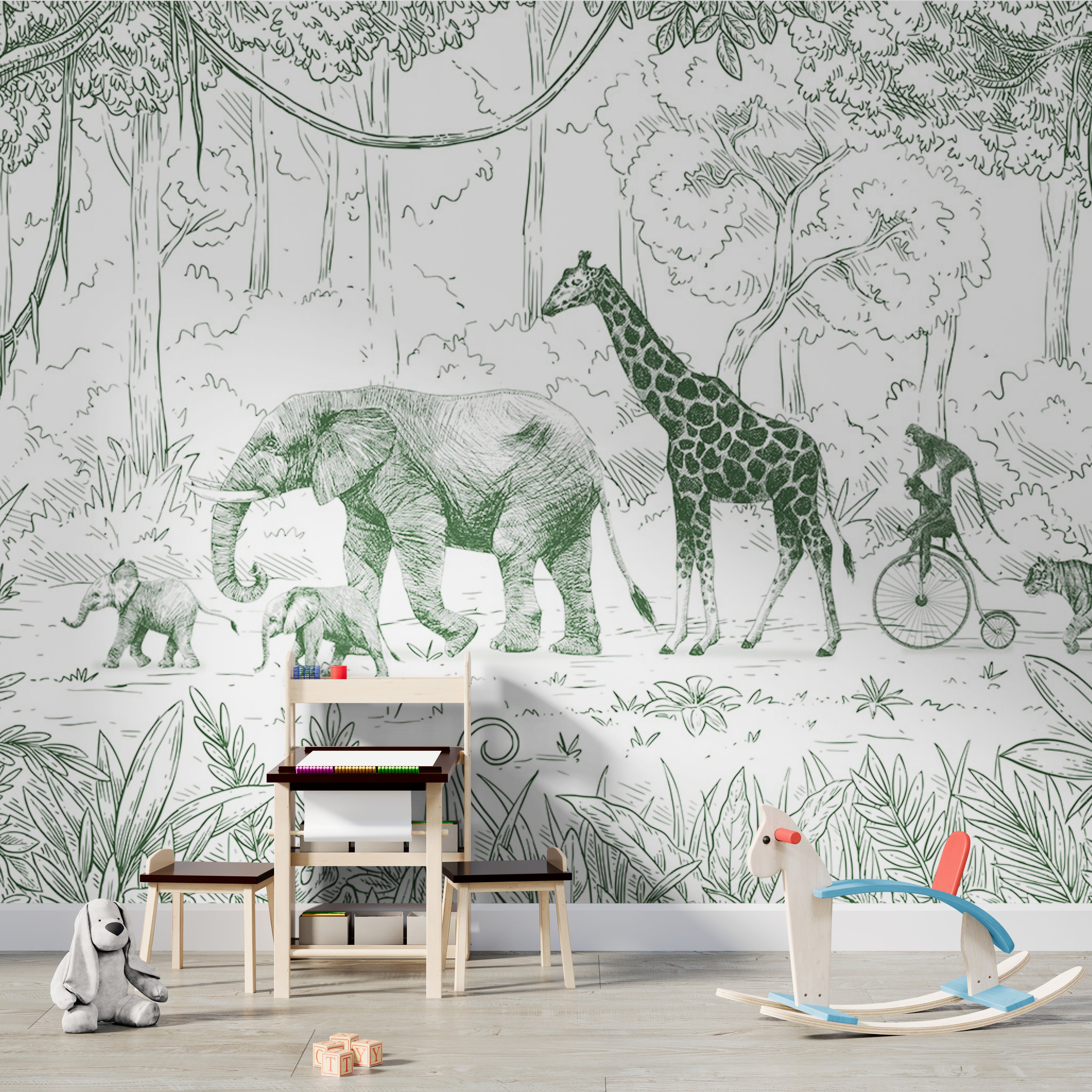 GDSE3012 Animal Parade Wallpaper Mural Premium Peel and Stick Material 26in Wide x 9 ft. Green