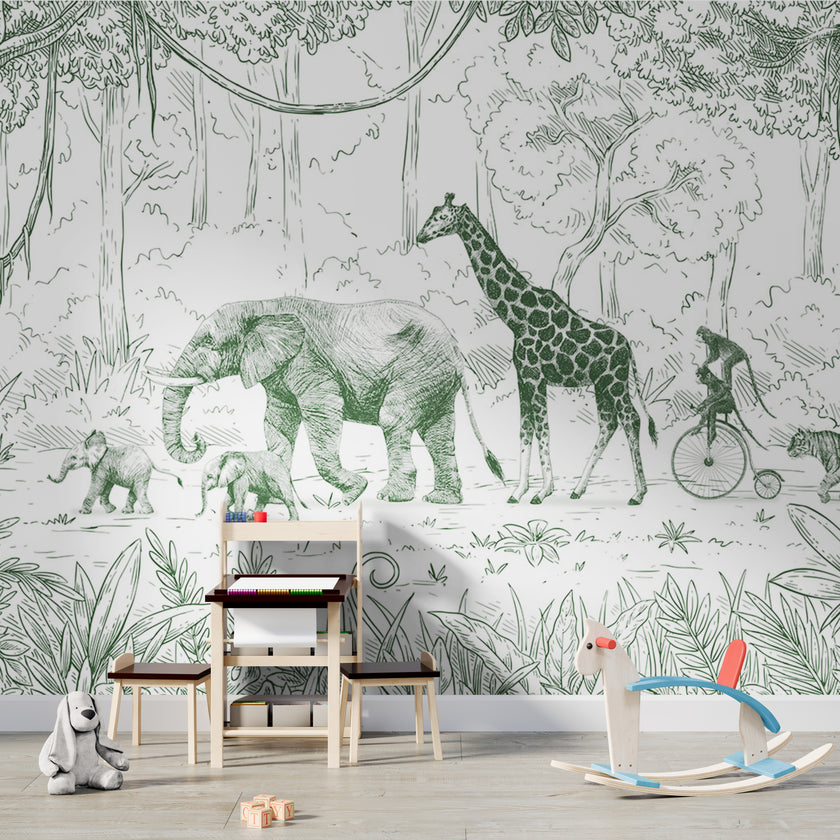 GDSE3012 Animal Parade Wallpaper Mural Premium Peel and Stick Material 26in Wide x 9 ft. Green