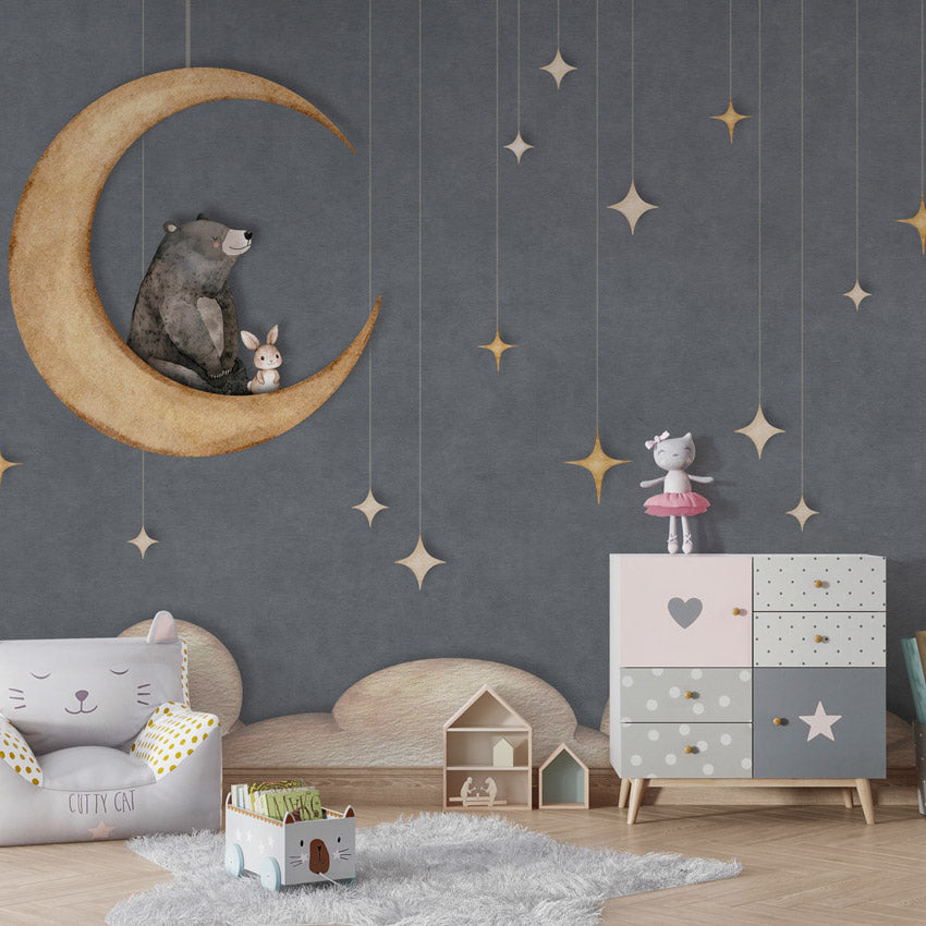 GDSE3540 Bear On The Moon Wallpaper Mural Premium Peel and Stick Material 26in Wide x 9 ft. Blue