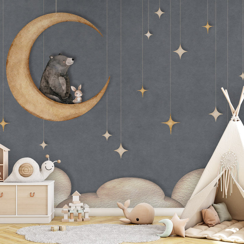 GDSE3540 Bear On The Moon Wallpaper Mural Premium Peel and Stick Material 26in Wide x 9 ft. Blue
