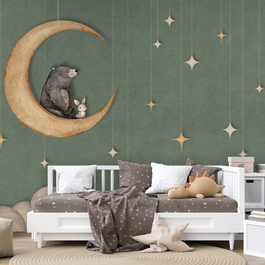 GDSE3541 Bear On The Moon Wallpaper Mural Premium Peel and Stick Material 26in Wide x 9 ft. Green