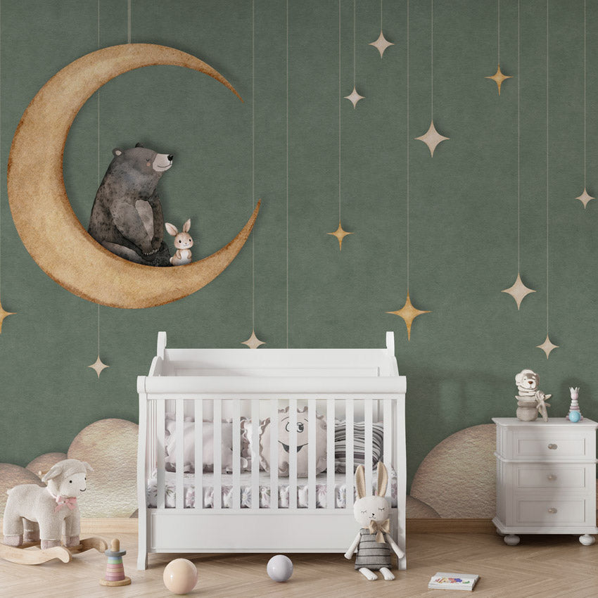 GDSE3541 Bear On The Moon Wallpaper Mural Premium Peel and Stick Material 26in Wide x 9 ft. Green