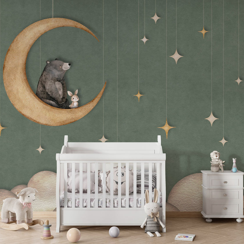 GDSE3541 Bear On The Moon Wallpaper Mural Premium Peel and Stick Material 26in Wide x 9 ft. Green