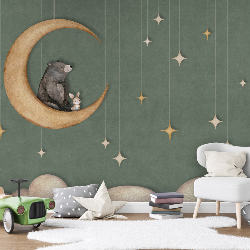 GDSE3541 Bear On The Moon Wallpaper Mural Premium Peel and Stick Material 26in Wide x 9 ft. Green